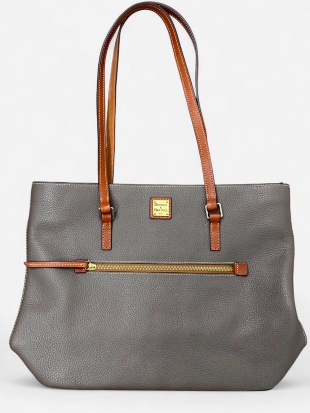 Dooney & Bourke Gray Pebble Leather Tote with Brown Trim and Straps